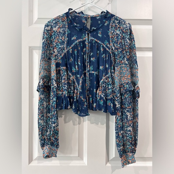 Anthropologie Sheer Babydoll Blouse Blue Floral Sm Festival Boho Hippie Cowgirl - Picture 1 of 11